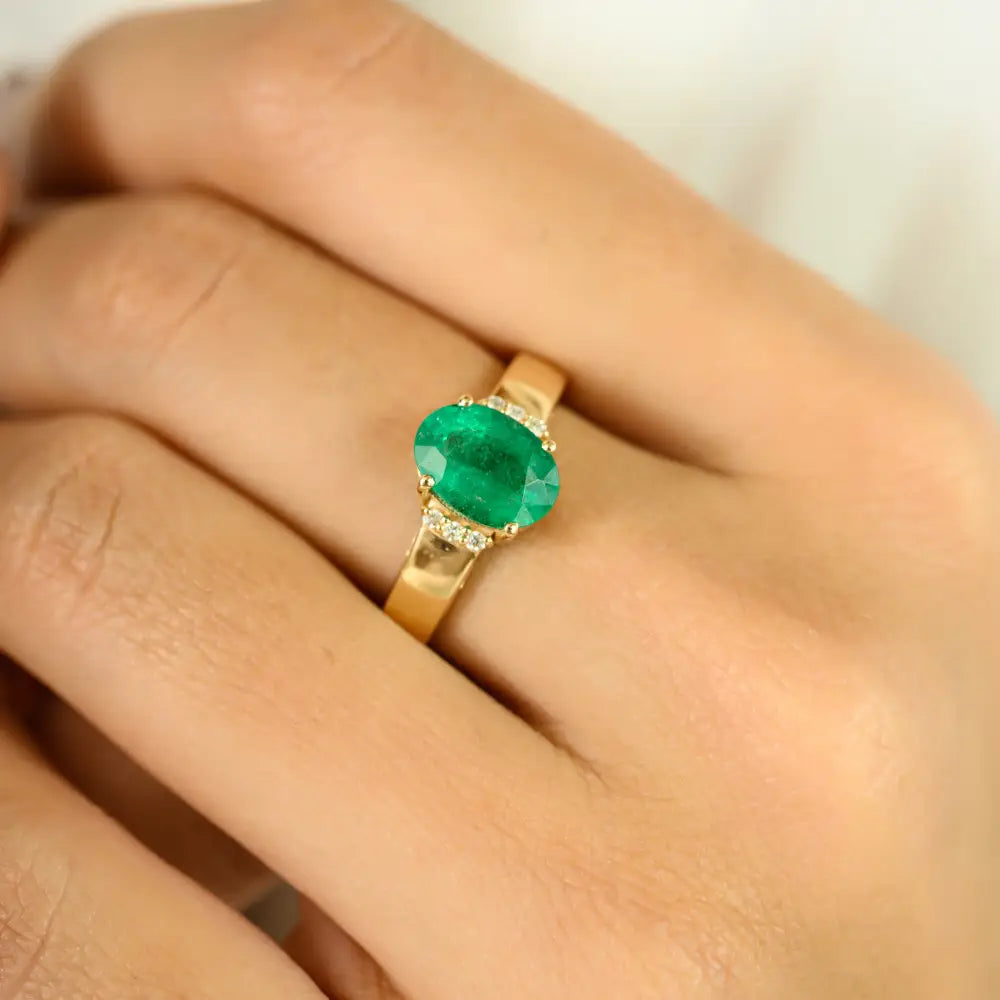 Real 14K Yellow Gold Oval Shape Emerald & Round Cut Diamond Gemstone Ring Fine Jewelry