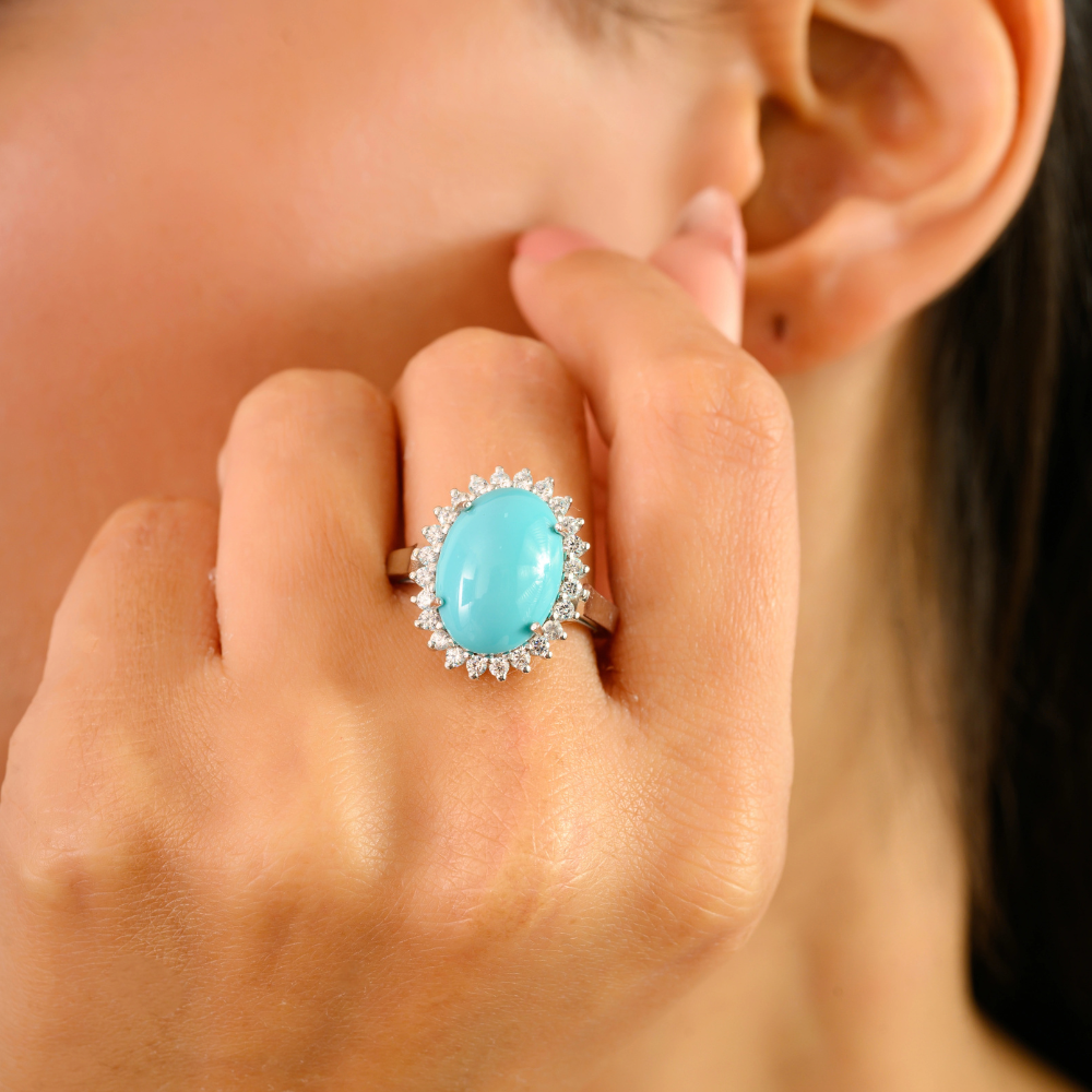 December Birthstone Genuine Turquoise & American Diamond Cluster Ring High Grade Jewelry