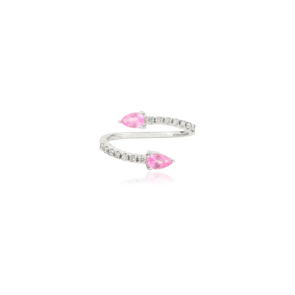 Pear Shape Pink Sapphire & Round Cut Diamond 18K White Gold Open Ring Trending Jewelry