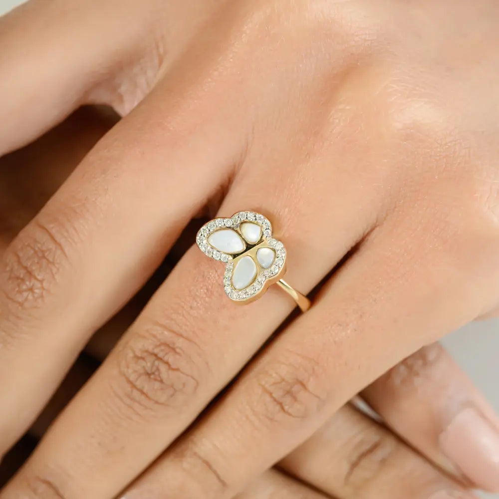 Unique Design Mother & Pearl & Diamond Butterfly Ring Solid 14K Yellow Gold Handmade Jewelry