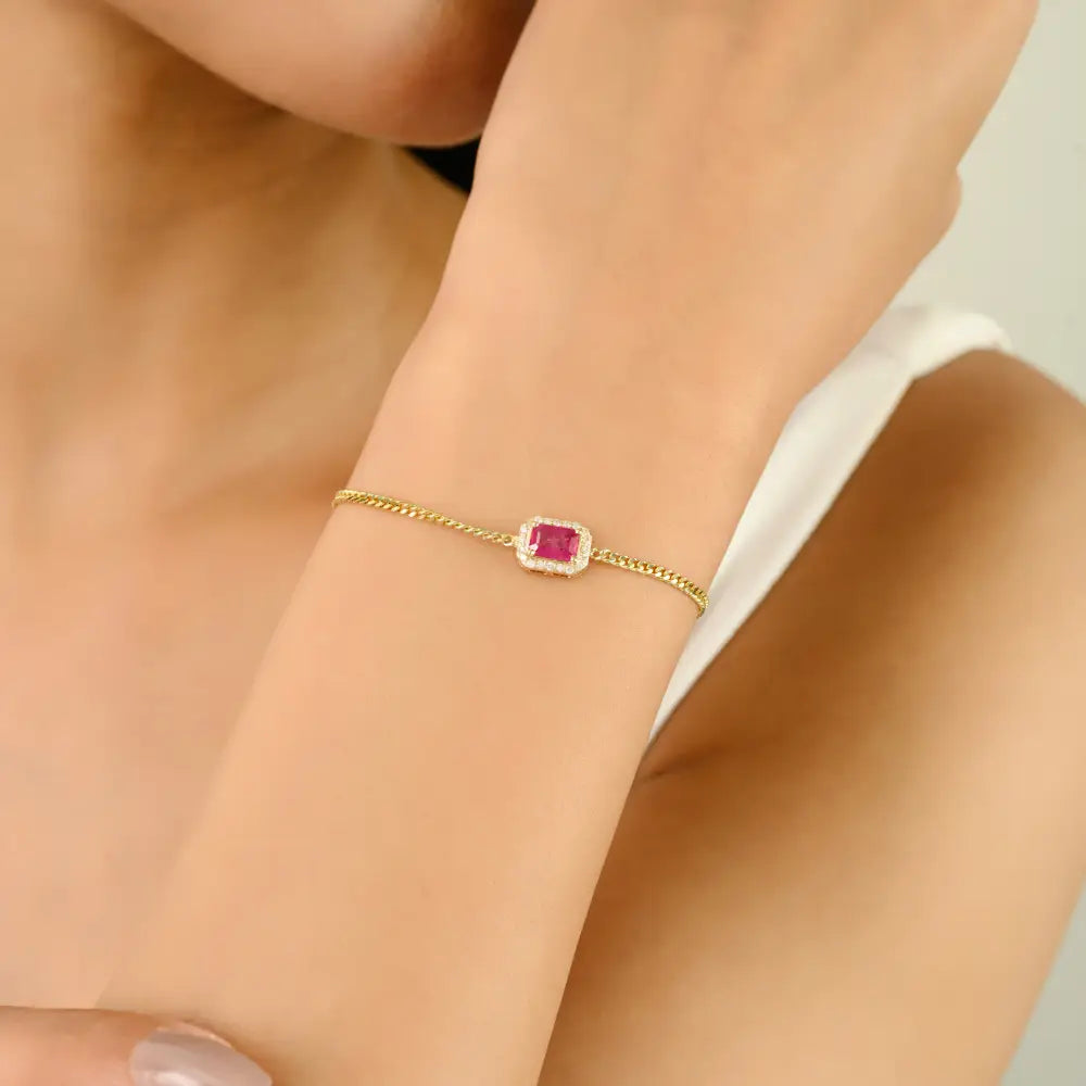 Octagon Cut Ruby & Diamond Curb Link Chain Halo Bracelet 14K Solid Yellow Gold Jewelry