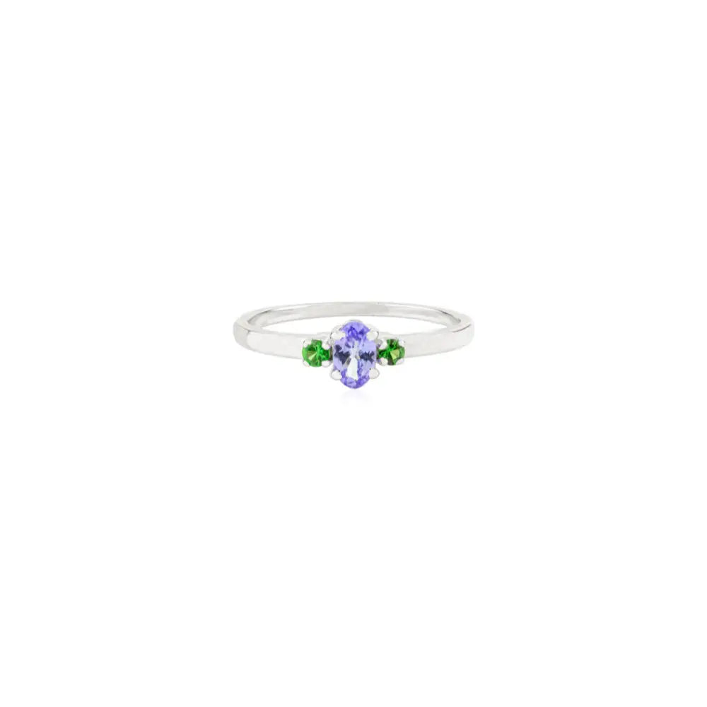Dainty Minimalist Tanzanite & Tsavorite Three Stone Ring Solid K14 White Gold Everyday Jewelry