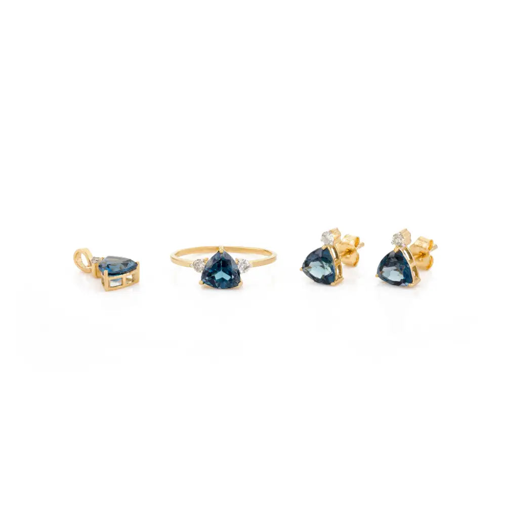 Trillion Cut Blue Topaz & Round Diamond Ring Earrings & Pendant Combo Set Handmade Jewelry