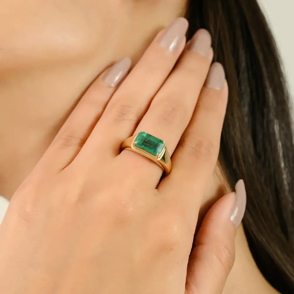 Prong Set Emerald Signet East West Ring Statement Unisex Jewelry 14K Solid Yellow Gold