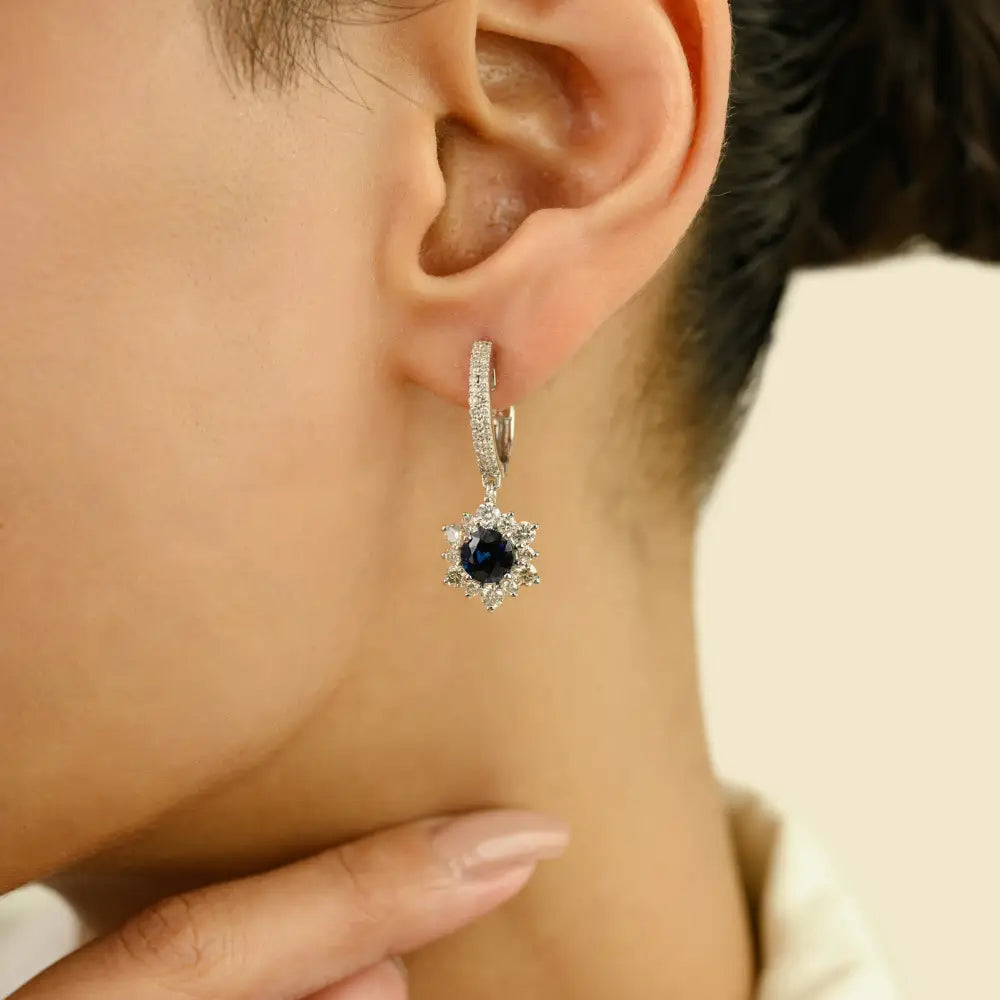 Unique Design Blue Sapphire & Diamond 14K Solid Gold Cluster Charm Hoop Drop Earrings