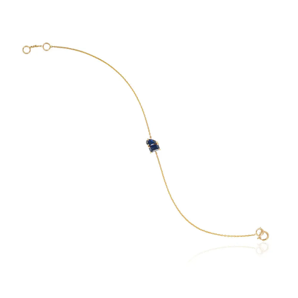 Prong Set Blue Sapphire Gemstone Toi et Moi Bracelet Minimal Jewelry Pure K14 Yellow Gold