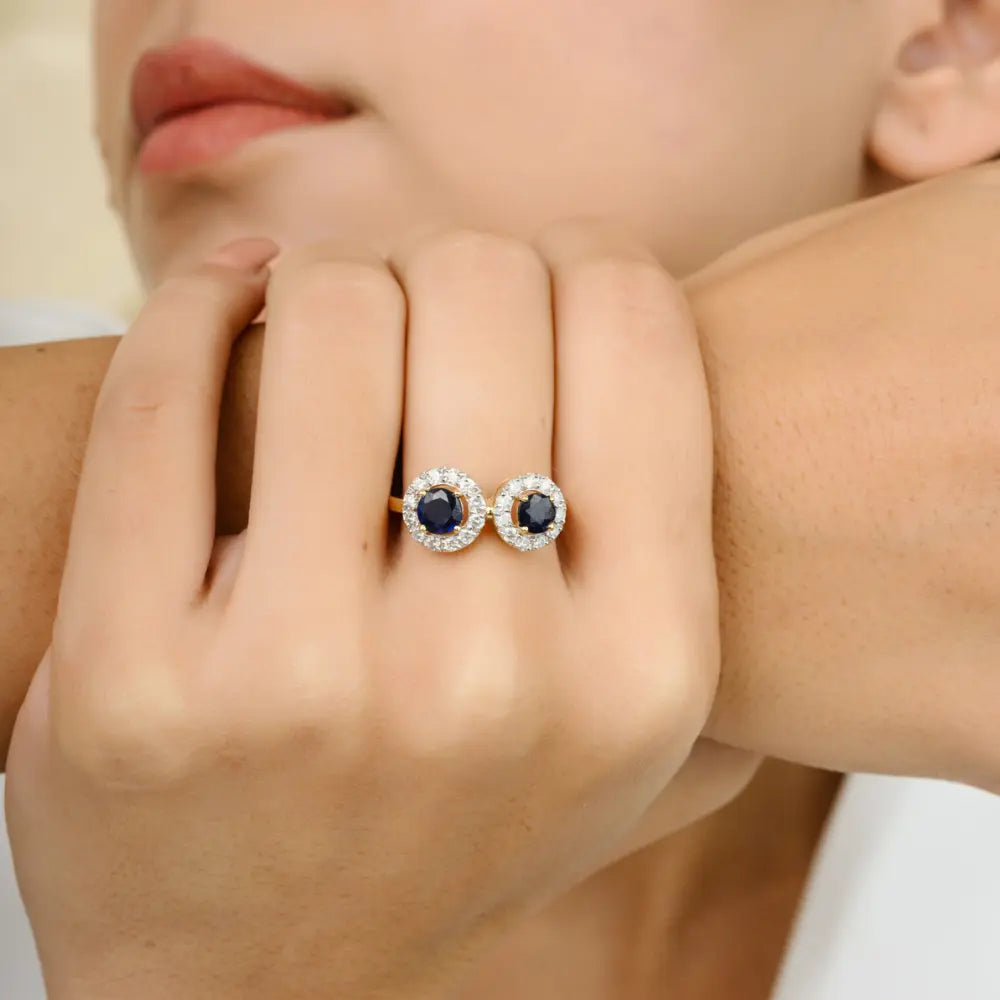 Natural Round Shape Blue Sapphire & Diamond 18K Yellow Gold Two Stone Ring