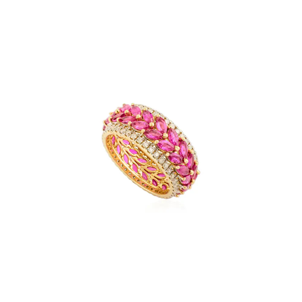 100% Authentic Ruby & Diamond Real 14K Yellow Gold Wedding Band Ring Women Jewelry