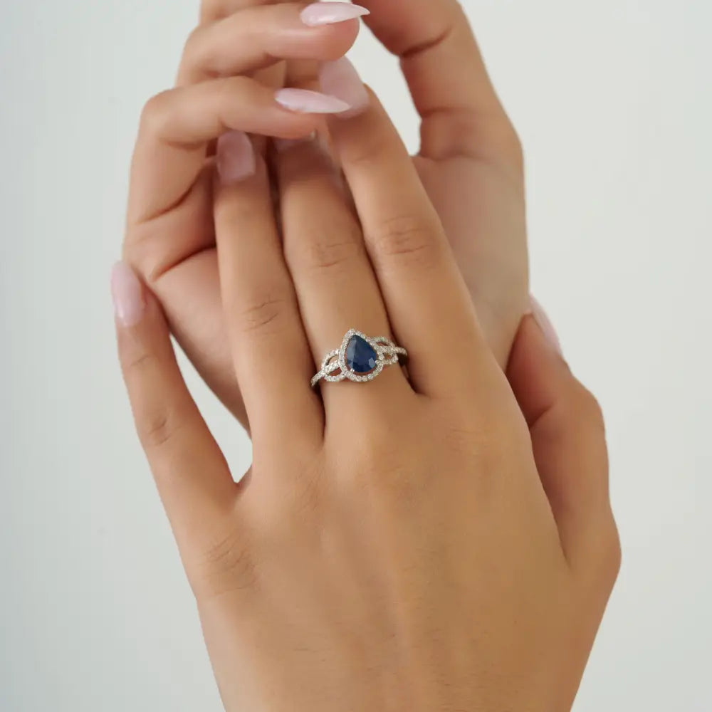 14K Real White Gold Blue Sapphire & Diamond Statement Ring Latest Design Jewelry Supplier