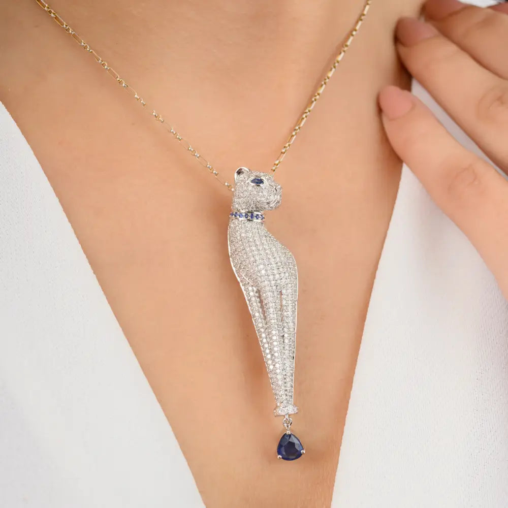18K White Gold Natural Blue Sapphire & Diamond Panther Shape Pendant Brooch Animal Jewelry