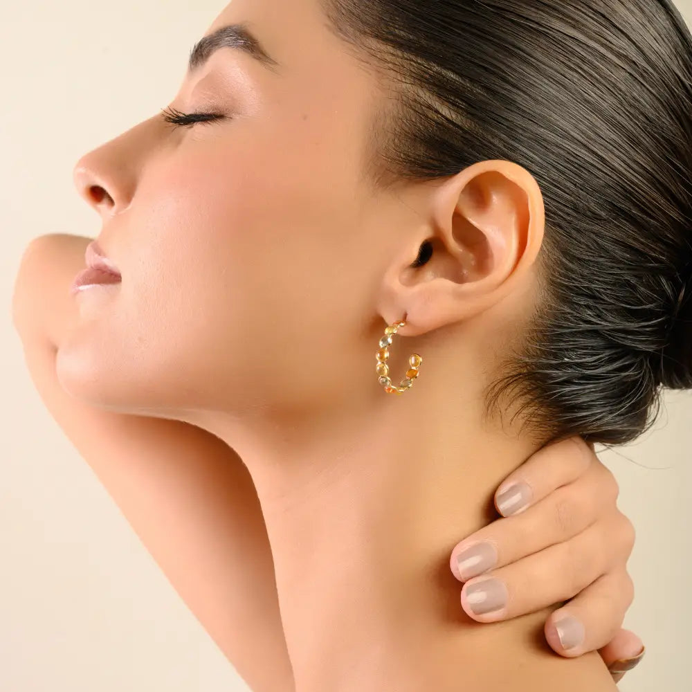 Rainbow Colorful Multi Sapphire 18K Pure Yellow Gold Dainty C Hoop Earrings Birthstone Jewelry