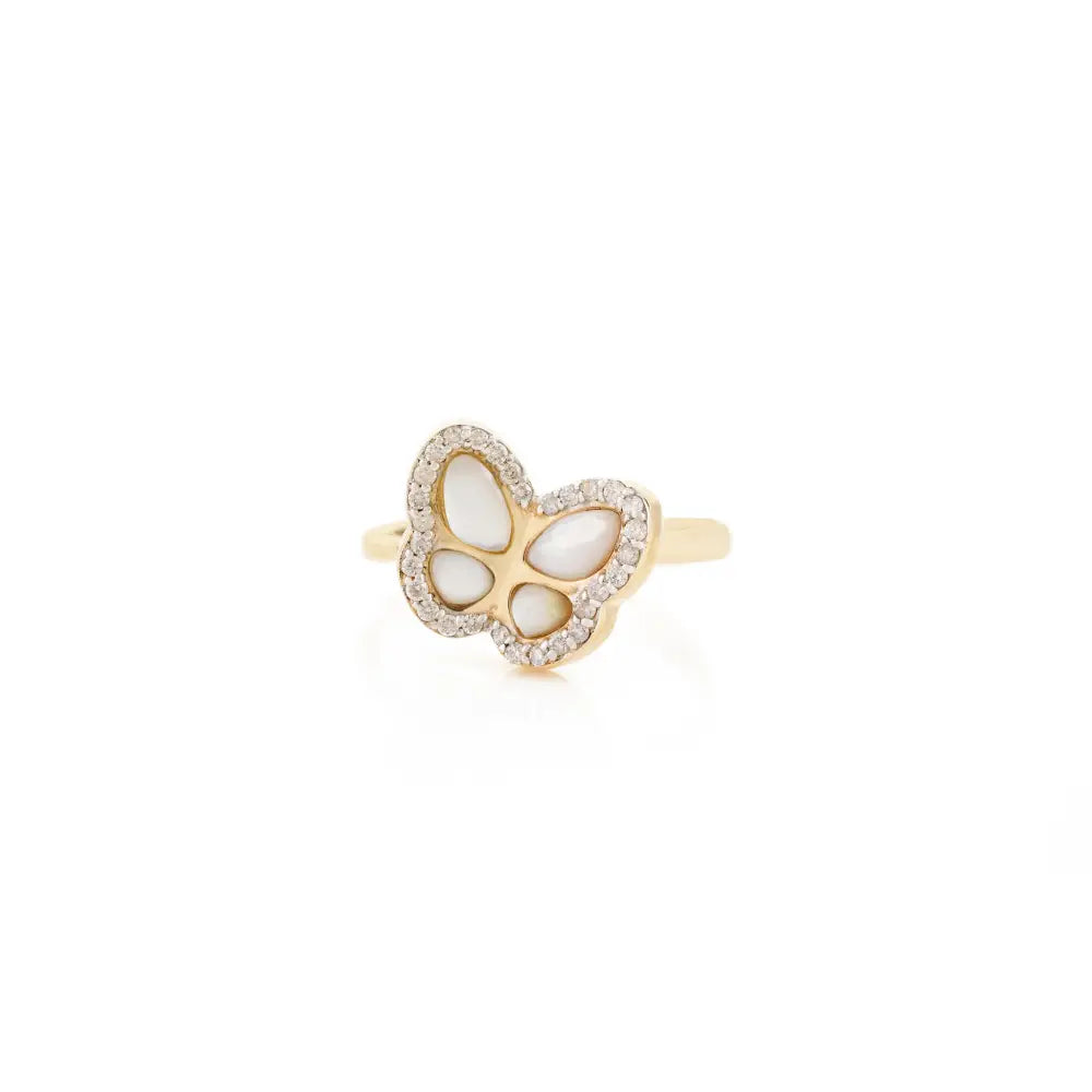 Unique Design Mother & Pearl & Diamond Butterfly Ring Solid 14K Yellow Gold Handmade Jewelry