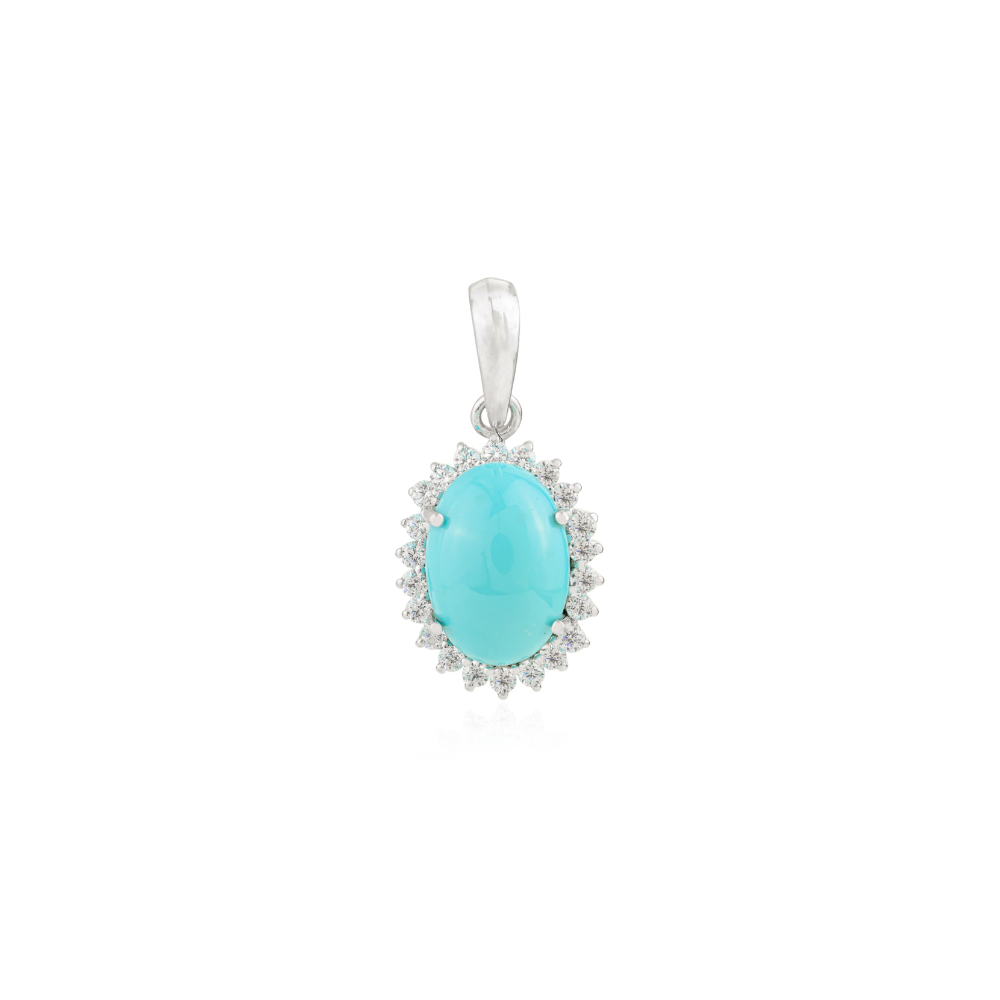 Handmade Real Turquoise & American Diamond Cluster Halo Drop Pendant For Women Fine Jewelry