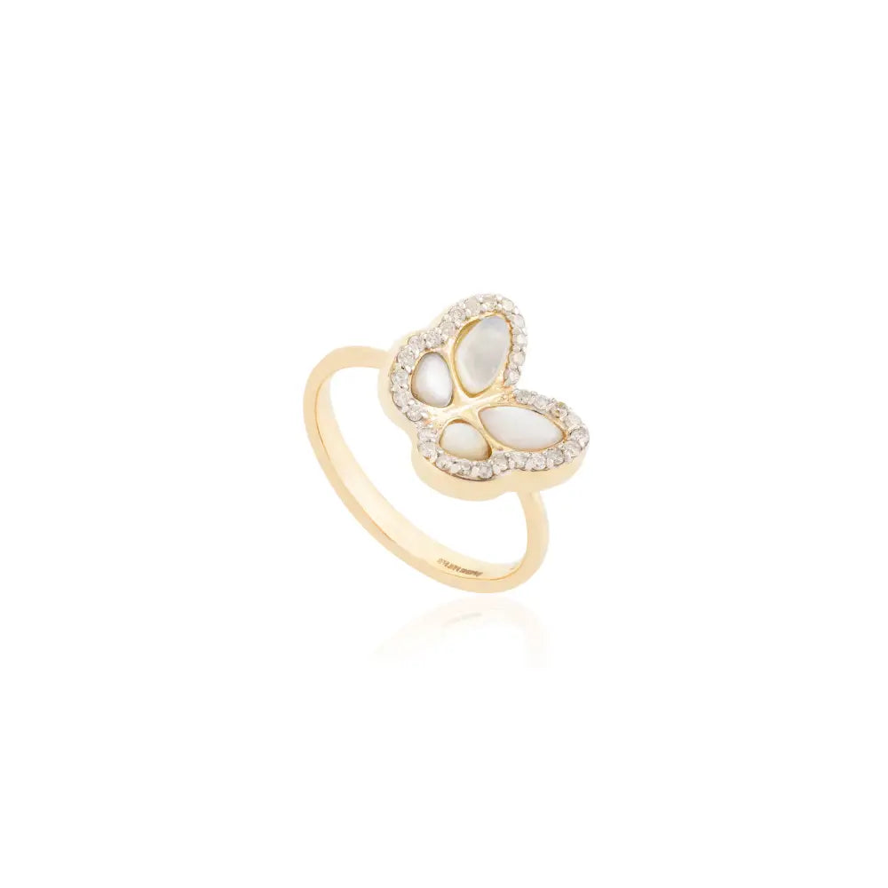 Unique Design Mother & Pearl & Diamond Butterfly Ring Solid 14K Yellow Gold Handmade Jewelry