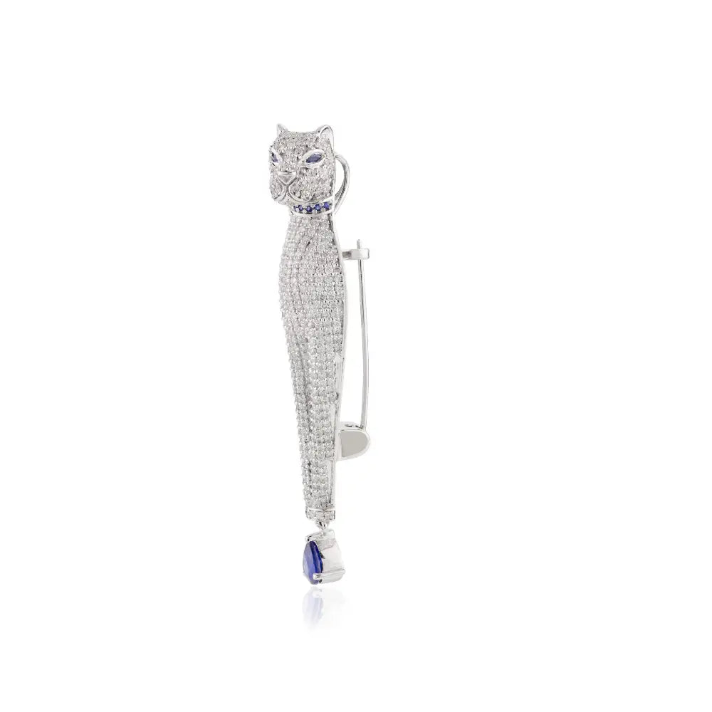 18K White Gold Natural Blue Sapphire & Diamond Panther Shape Pendant Brooch Animal Jewelry
