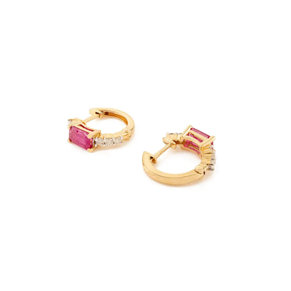 July Birthstone Ruby & Diamond 18K Yellow Gold Minimal Hoop Earrings Valentine Gift