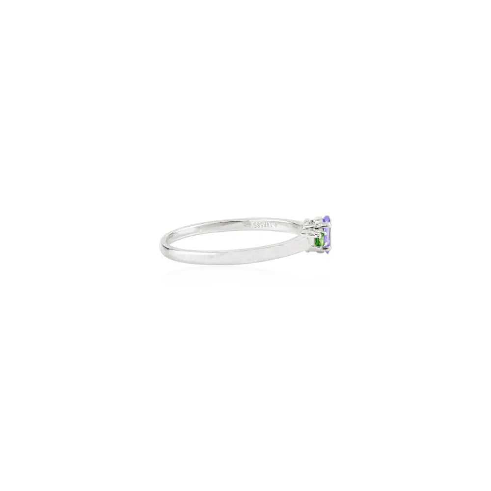 Dainty Minimalist Tanzanite & Tsavorite Three Stone Ring Solid K14 White Gold Everyday Jewelry