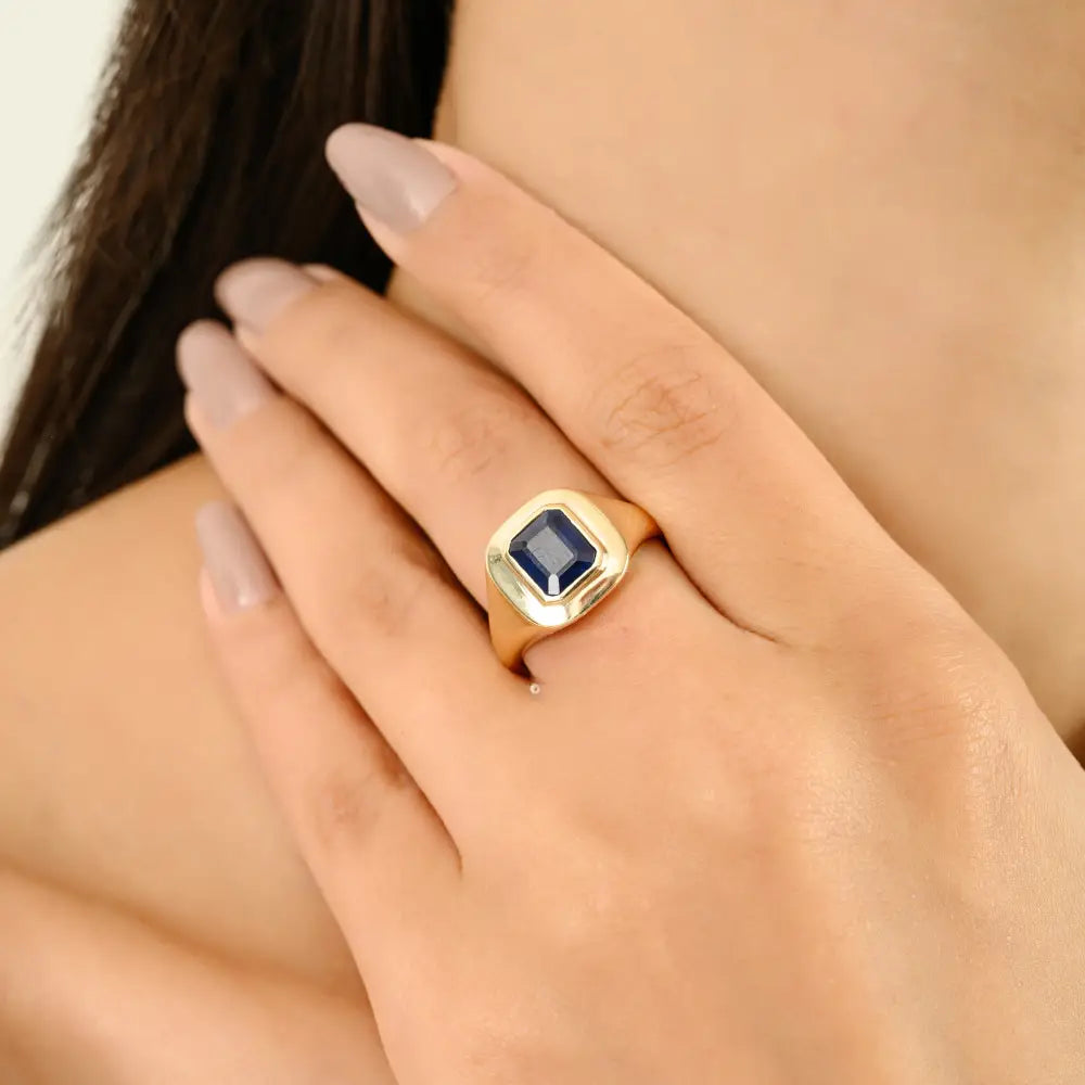Wholesale Bulk 14K Yellow Gold Jewelry Blue Sapphire Statement Signet Ring Unisex