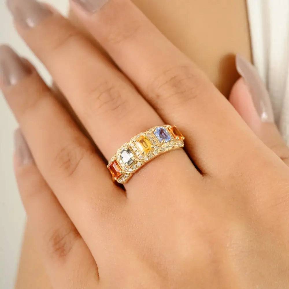 14K Yellow Gold Colorful Multi Sapphire & Diamond Half Eternity Band Ring Women's Jewelry