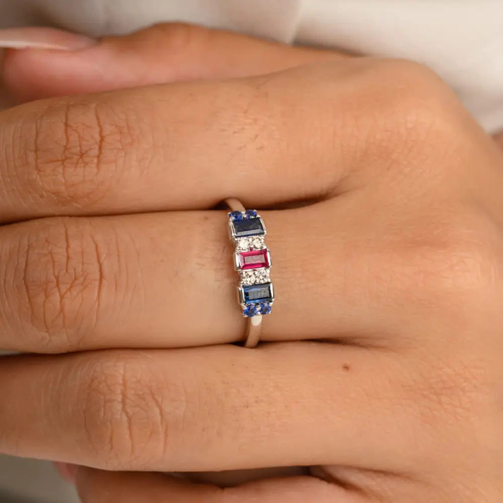 Birthstone Jewelry Natural Ruby, Sapphire & Diamond 14K Solid White Gold Ring
