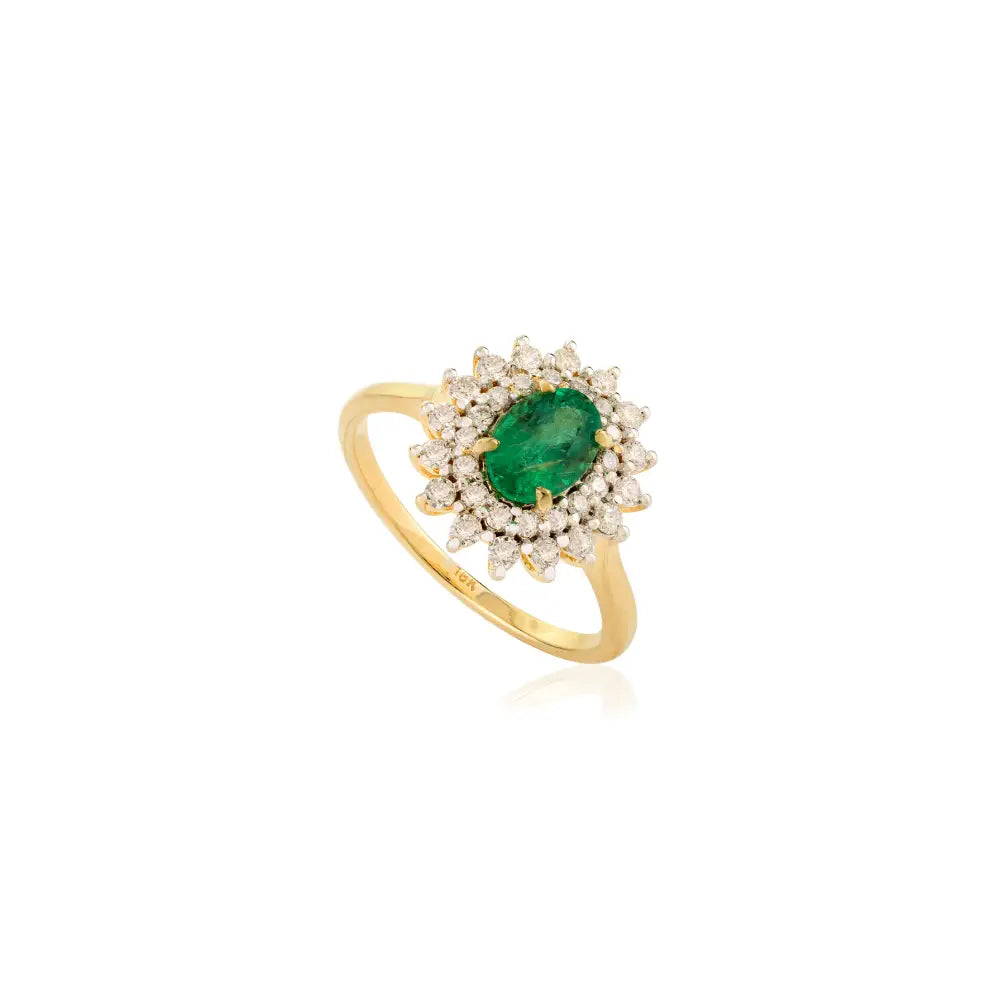 Best Selling Emerald & Diamond Double Cluster Ring Real 18K Yellow Gold Engagement Jewelry