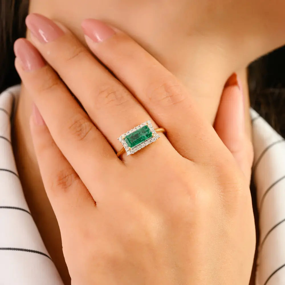Horizontal Emerald & Diamond Halo Engagement Ring Solid K14 Yellow Gold Women Jewelry