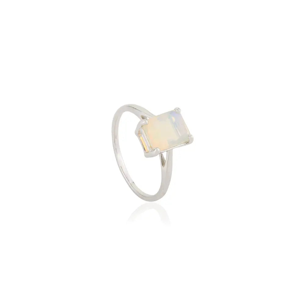 Solid 14K White Gold Octagon Cut Opal Single Stone Ring For Unisex October Birthstone