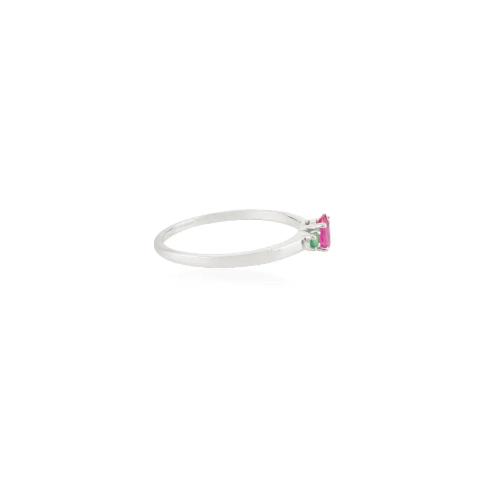 Dainty Minimalist Emerald & Ruby Real K14 White Gold Three Stone Ring Everyday Jewelry