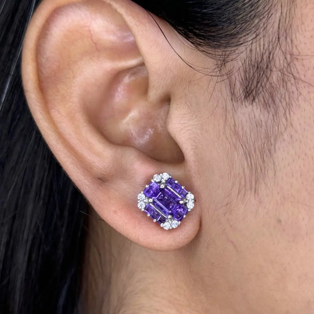 Stunning Elegant & Classic Amethyst & American Diamond Simple Stud Earrings Valentine's Day Gift