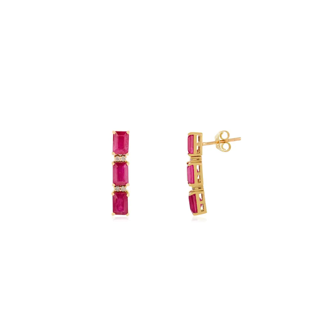 100% Authentic Ruby & Diamond 14K Yellow Gold Dangle Earrings Wedding Jewelry For Women