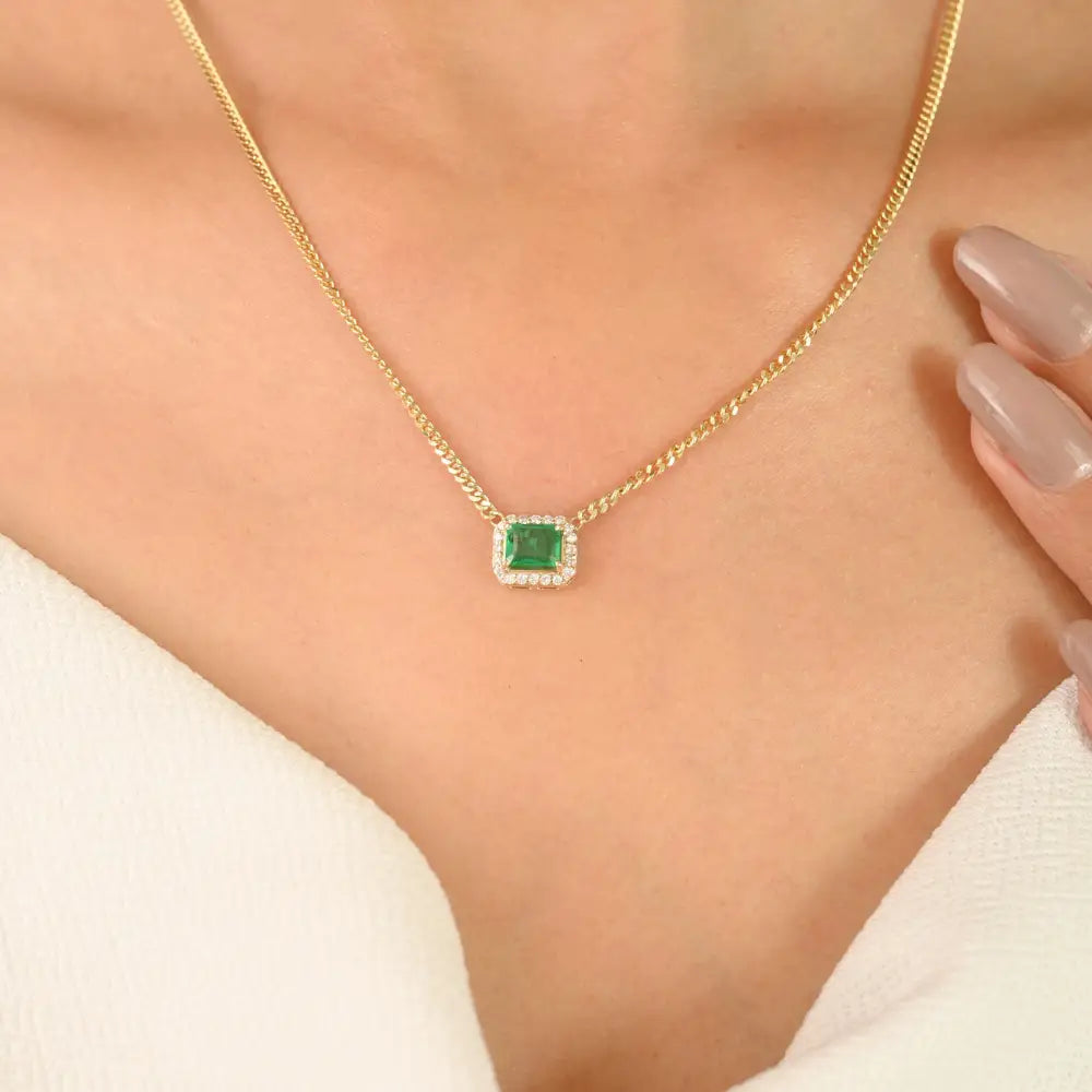Emerald & Diamond Cuban Chain Single Stone Halo Pendant Necklace 14K Gold Stack Jewelry