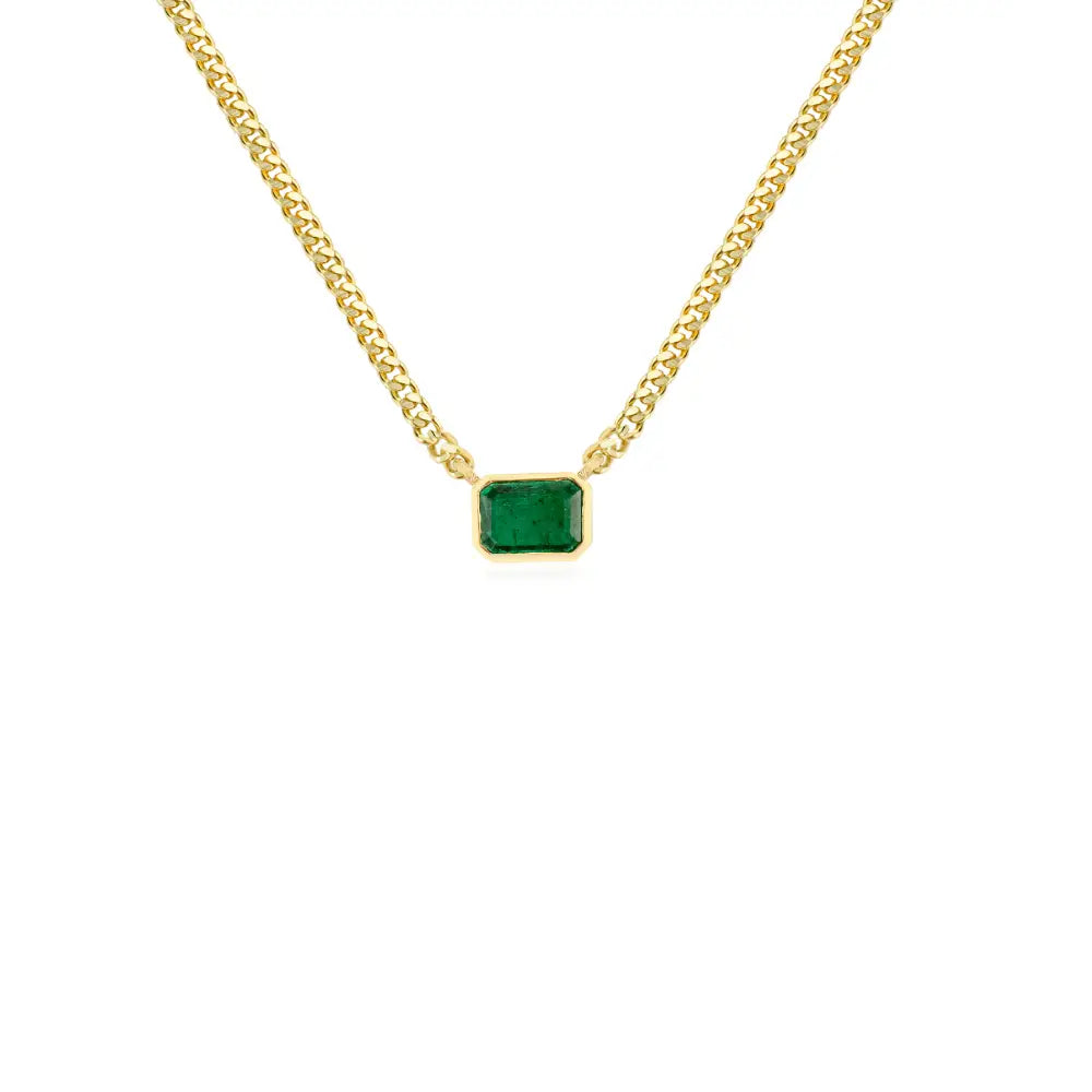 Bezel Setting Emerald Cuban Chain Single Stone Pendant Necklace Solid K14 Yellow Gold