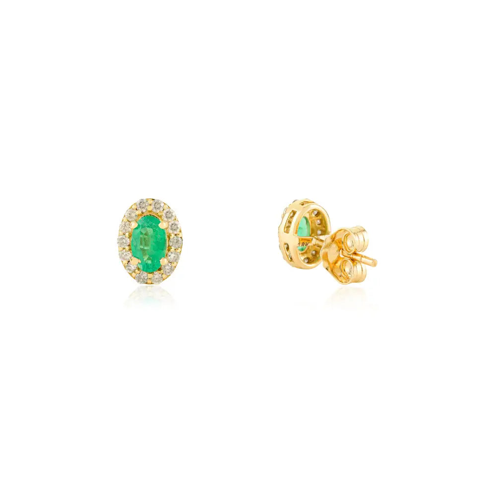 Stunning Minimal Emerald & Diamond Halo Small Stud Earrings Real K18 Yellow Gold Jewelry