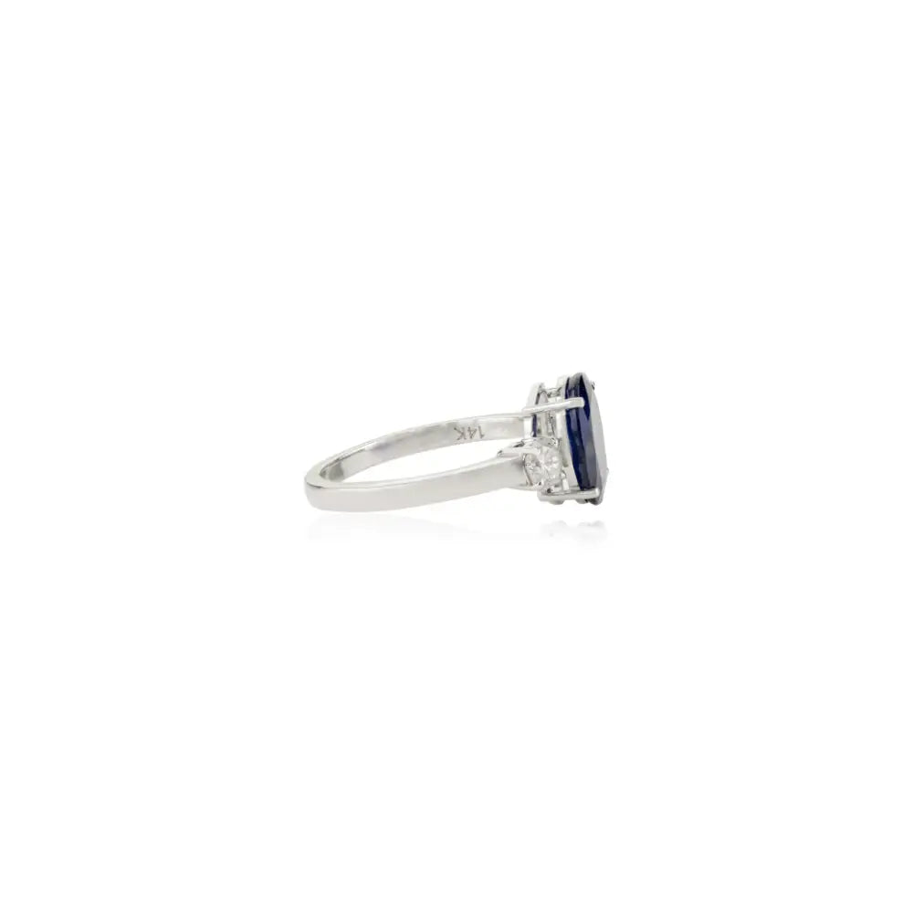 Pure 14K White Gold Blue Sapphire & Diamond Prong Setting Three Stone Ring Wedding Jewelry