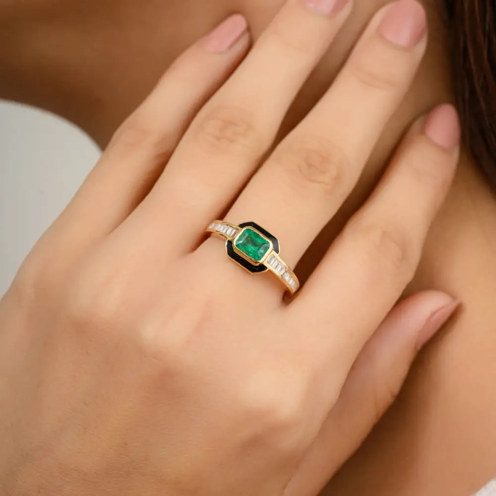 18K Yellow Gold Emerald & Diamond Statement Enamel Ring Precious Gemstone Jewelry