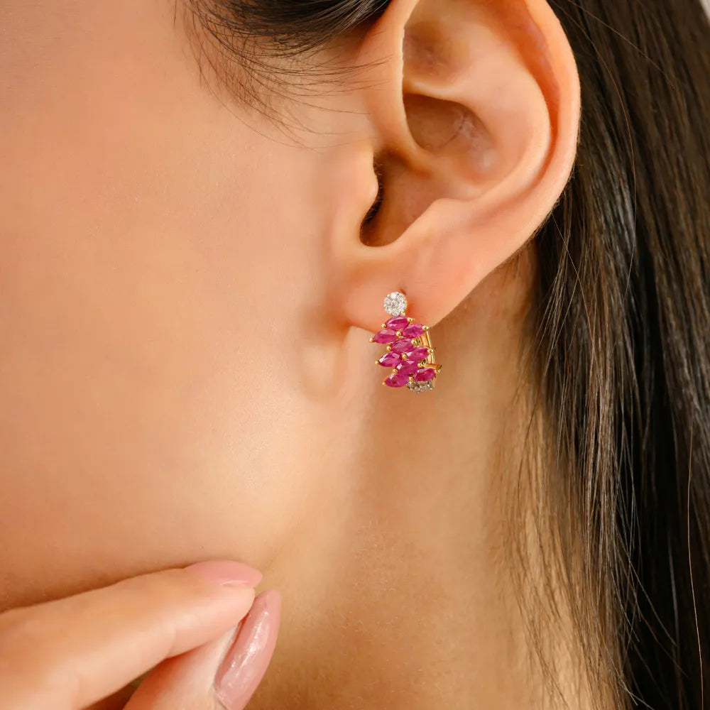 Best Quality 14K Yellow Gold Ruby & Diamond Clip-on Earrings For Women Everyday Jewelry