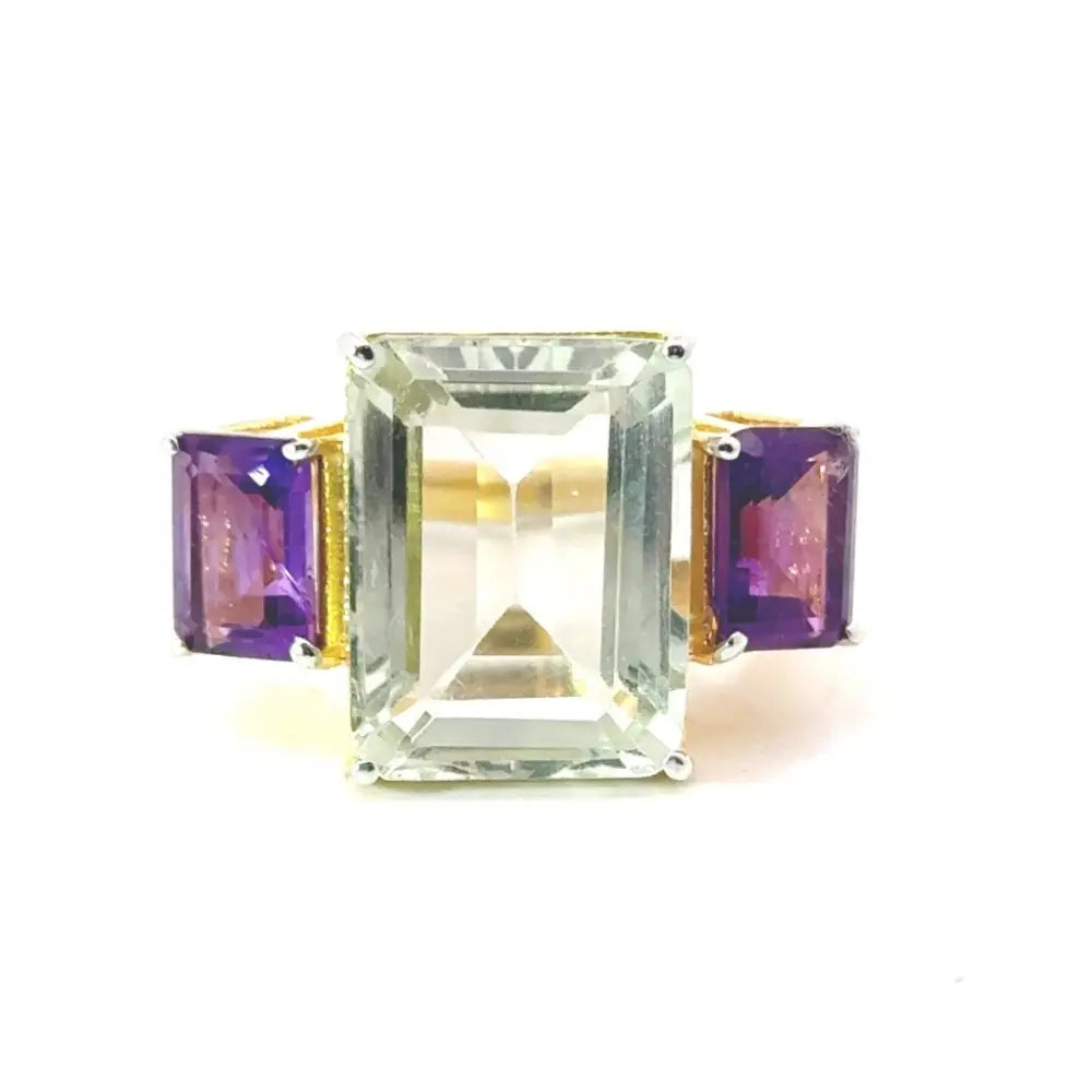 Exclusive Jewelry Handmade Green & Purple Amethyst 925 Silver Yellow Gold Plated Three Stone Ring