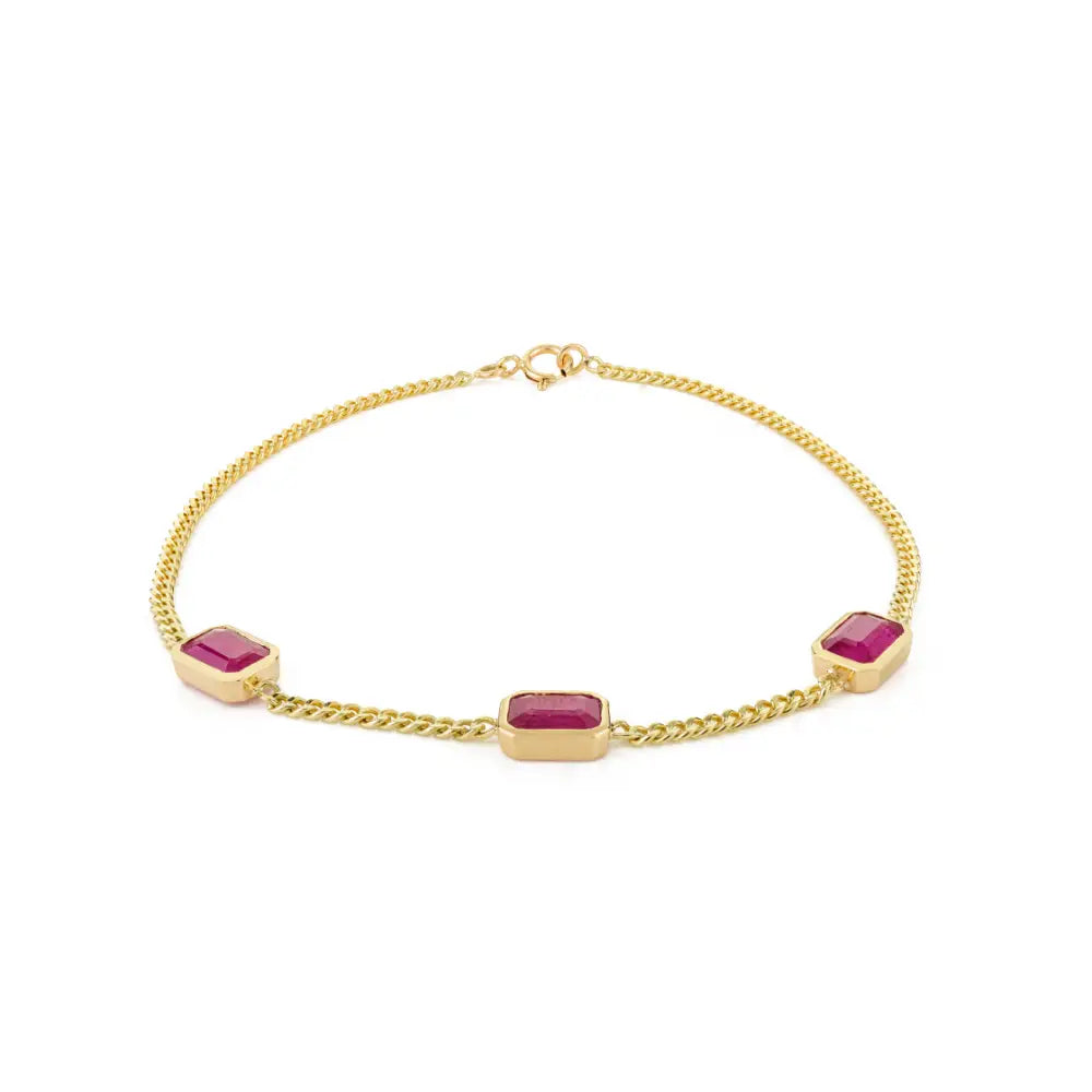 Fine Trending 100% Genuine Ruby Station Cuban Chain Bracelet For Women 14K Yellow Gold