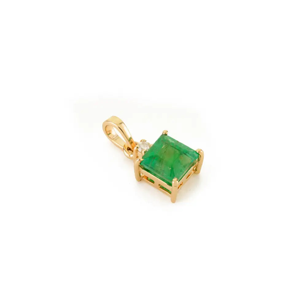 Square Cut Emerald & Round Diamond Minimal Pendant Fine Solid K14 Yellow Gold Jewelry