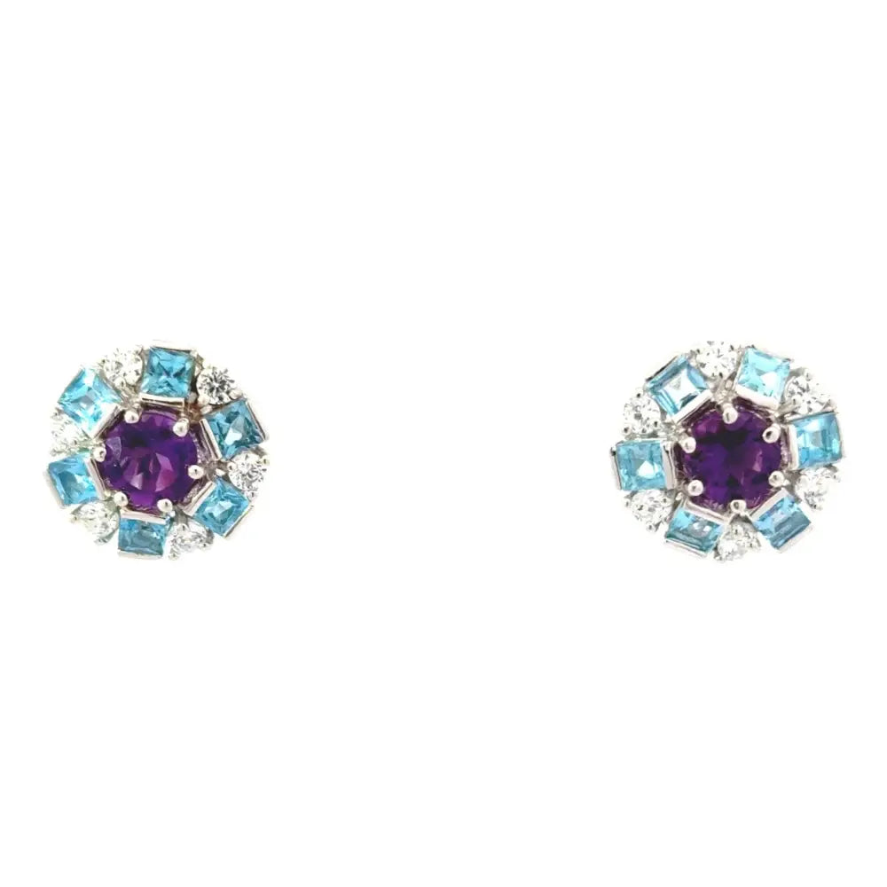 Amethyst Blue Topaz & American Diamond Solid 925 Silver Round Stud Earrings Factory Price