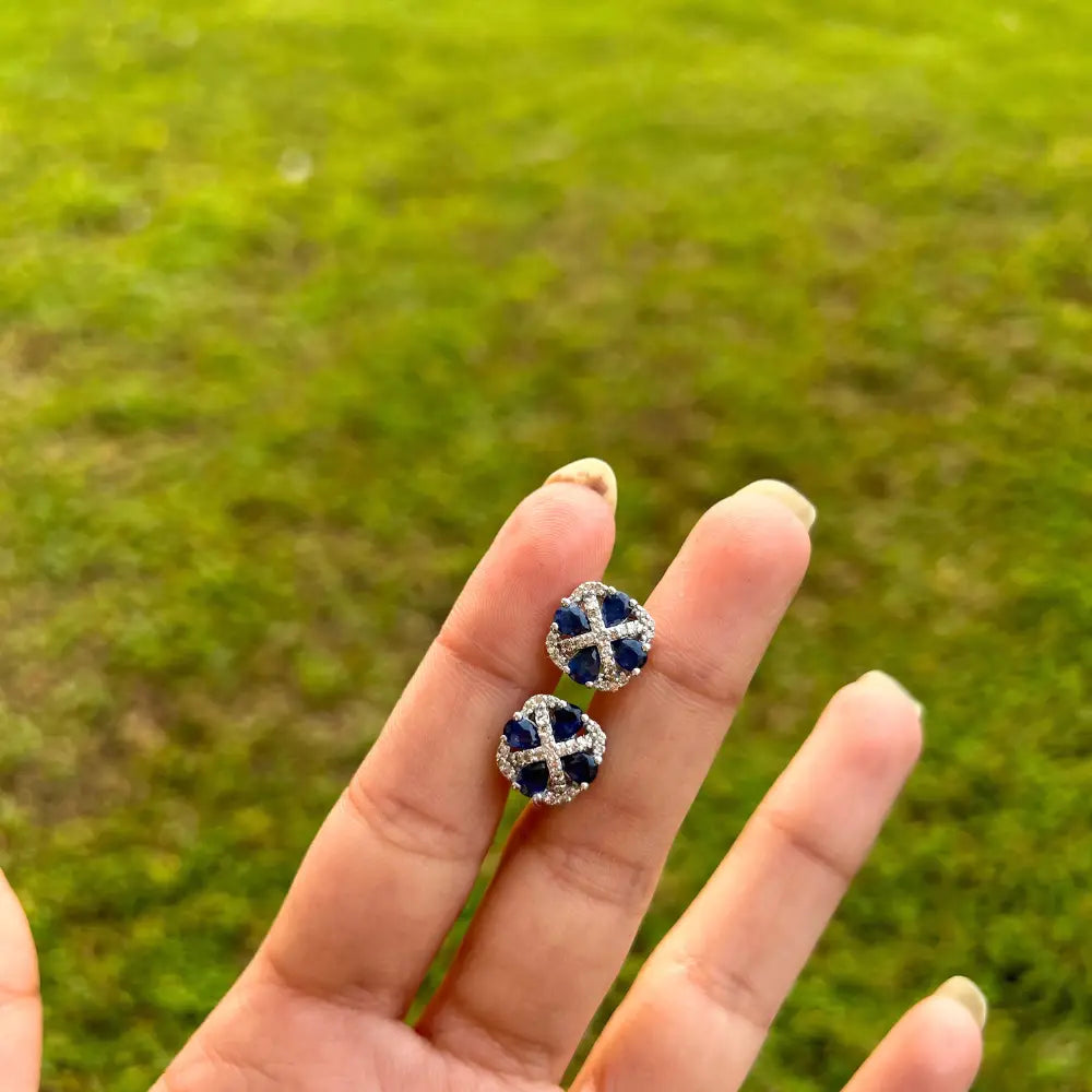 Explore Fine Gemstone Jewelry Blue Sapphire & American Diamond Square Shape Stud Earrings For Girls