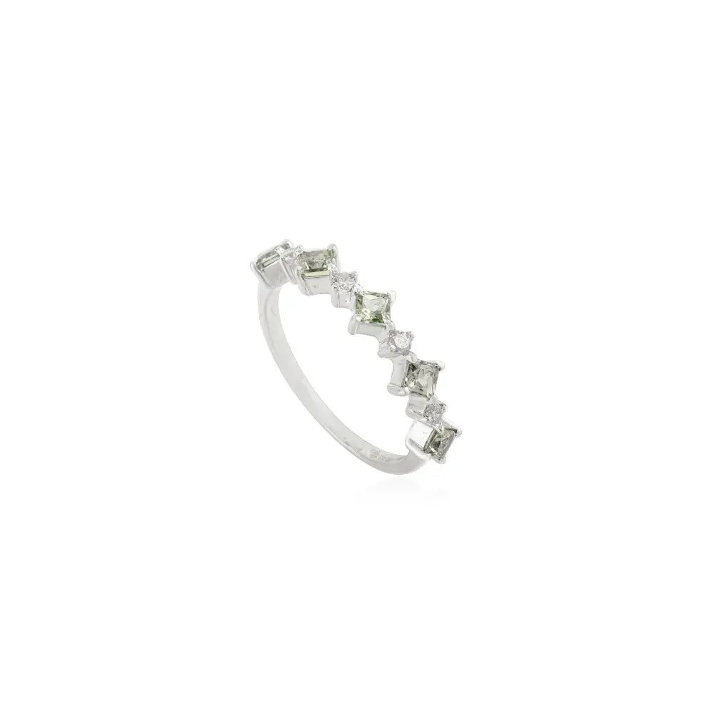 Square Shape Green Sapphire & Round Cut Diamond Stackable Half Eternity Band Ring