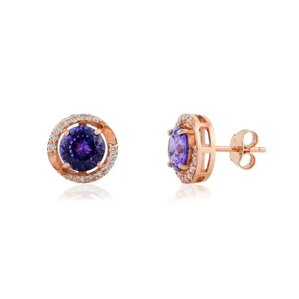 Explore Elegant & Classic Round Cut Tanzanite & Diamond Stud Earrings 18K Rose Gold