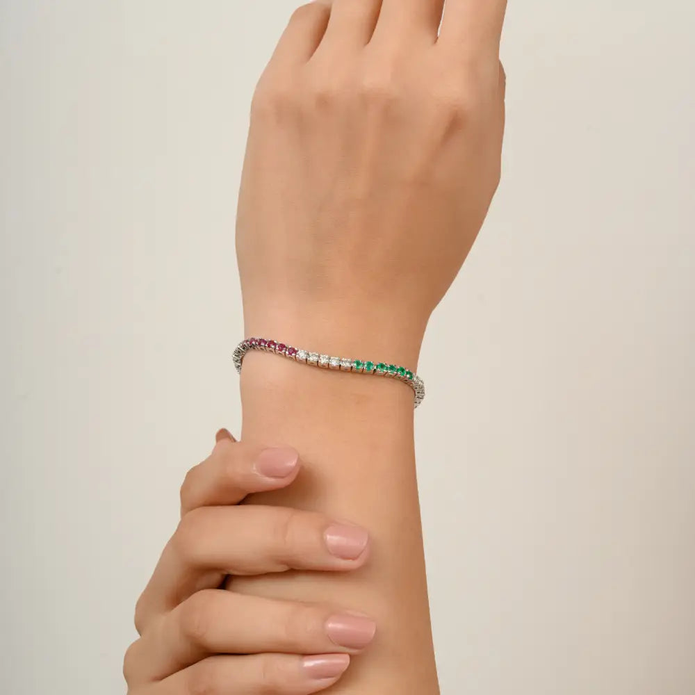 Genuine Emerald Ruby & Diamond Solid 18k White Gold Sleek Tennis Bracelet Fine Jewelry