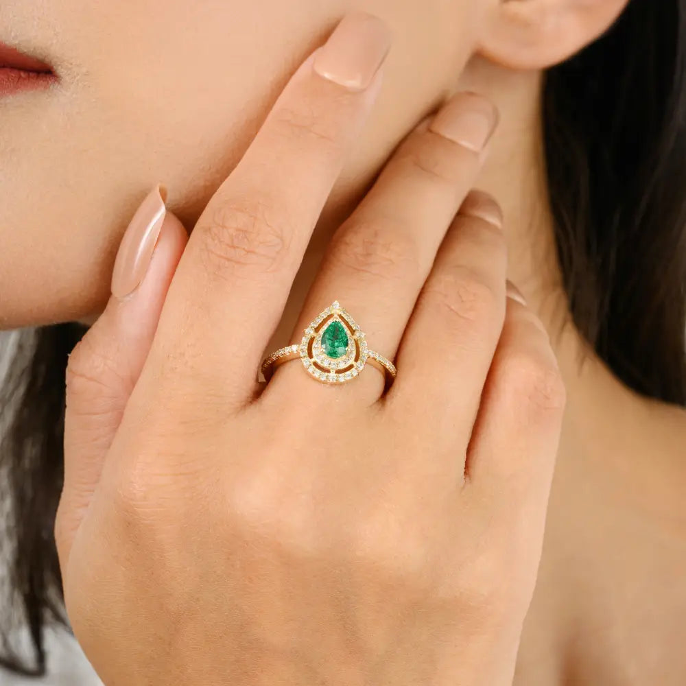 May Birthstone Natural Emerald & Diamond Engagement Ring Factory Custom Made Jewelry Manufacturer