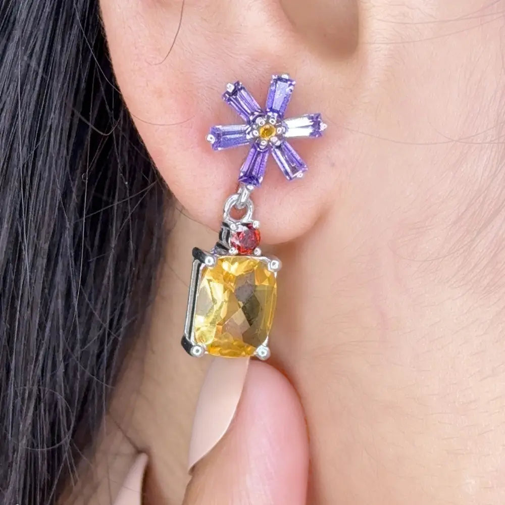 Genuine Multi Gemstone Flower Dangle Drop Earrings In 925 Sterling Silver Rhodium Plated Jewelry
