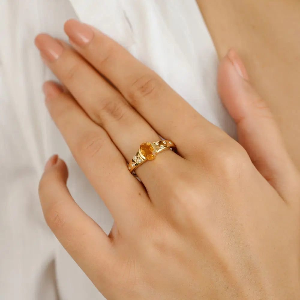 New Fashionable Natural Citrine & Diamond 14K Solid Yellow Gold Engagement Ring