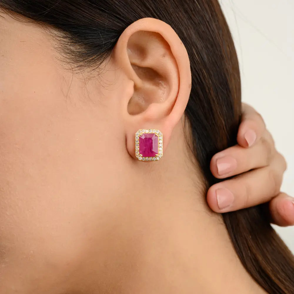 Handmade Octagon Cut Ruby & Diamond Stud Earrings in 18k Yellow Gold