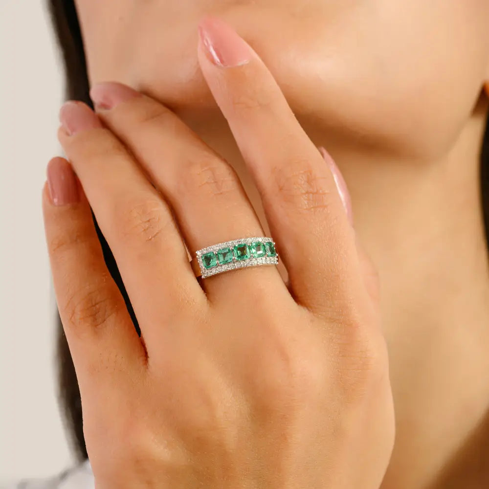 Natural Emerald & Diamond Five Stone Ring In 14K Solid White Gold Engagement Jewelry