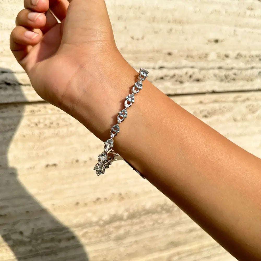 Heart Shape Aquamarine & Round Cut American Diamond Stackable Bracelet In 925 Sterling Silver